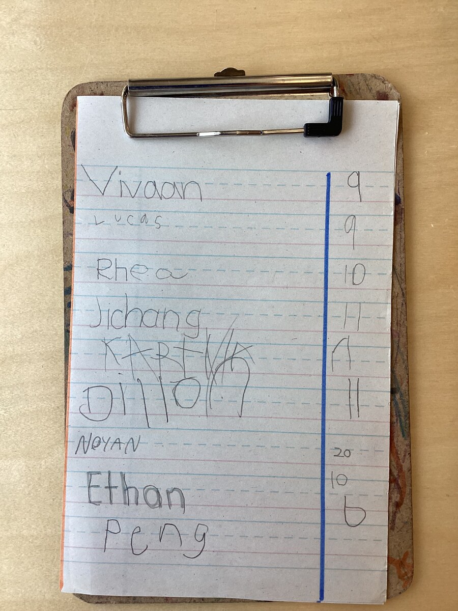 A classroom estimation chart with names and guesses for white diamond blocks
