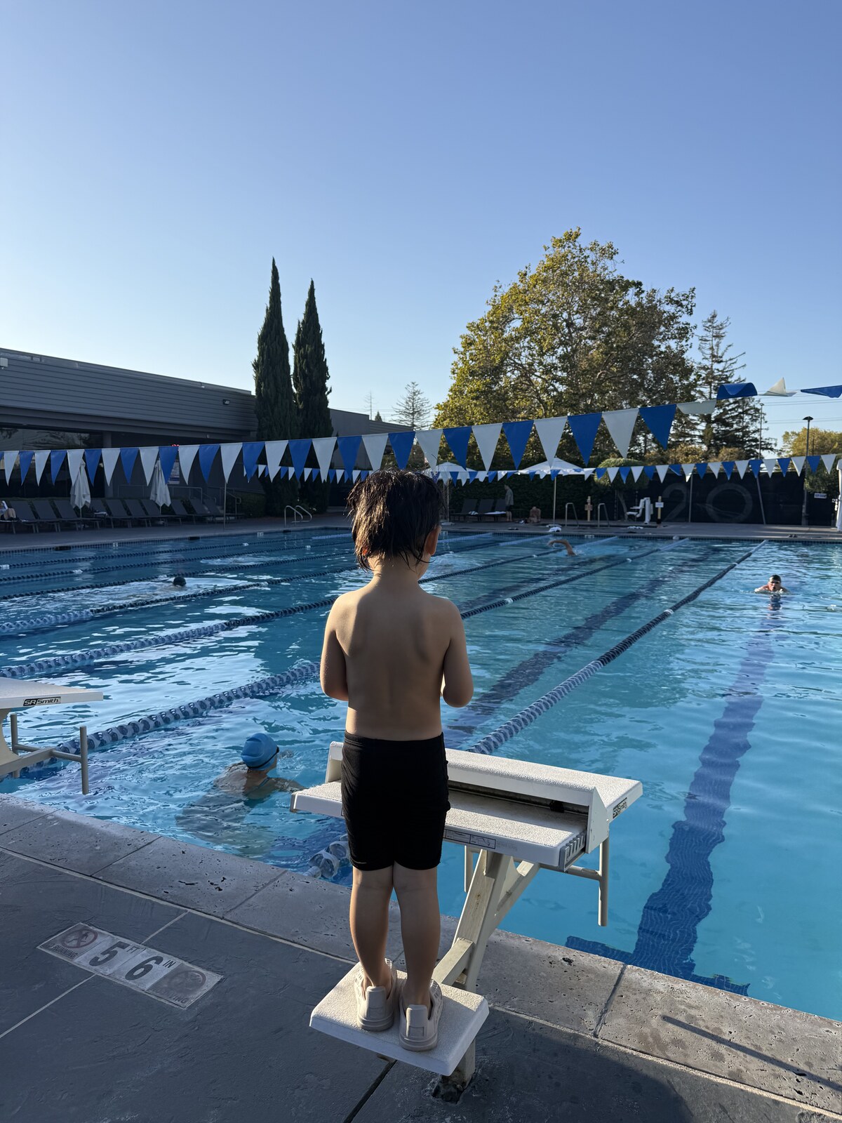 Jichang watching adult swimmers from the edge of the lap pool after swim lesson